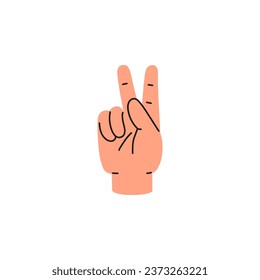 Hand showing K letter in American sign language, flat vector illustration isolated on white background. Peace gesture with two fingers. Deaf mute communication concept.