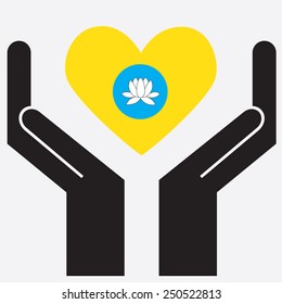 Hand showing Kalmykia flag in a heart shape. Vector illustration. 