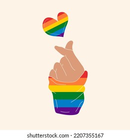 Hand showing lgbt heart. Vector in cartoon style. All elements are isolated	