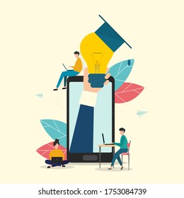 Hand showing light bulb with university cap from smartphone and people with gadgets around it, white background. Vector illustration in flat style