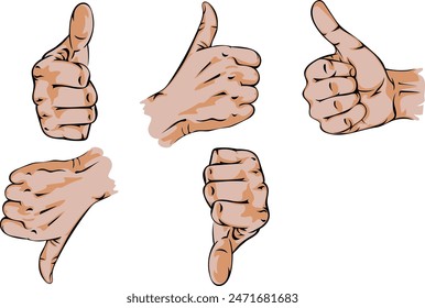 Hand showing like, finger up, good, ok set. Approve symbol, like sign, icon, vector illustration