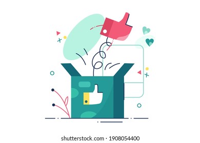 Hand showing like sign vector illustration coming from box. Thumb up symbol for like, approval, recommendation flat style. Networking and blogging concept. Isolated on white background
