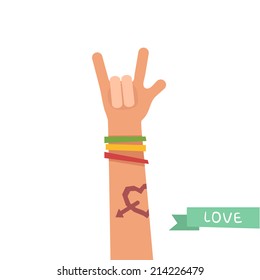 A hand up showing Love sign. A hand with Love tattoo and colorful friendship bracelets. Colorful vector illustration in flat style isolated on white 