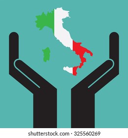 hand showing map of Italy. vector EPS10.