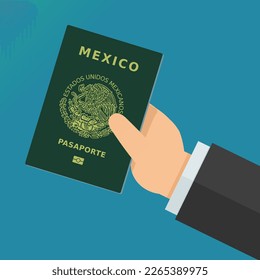 Hand showing Mexican passport with eagle emblem and inscription passport and wording Mexico (flat design)