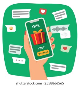 A hand showing a mobile phone with a gift box on the screen. Internet Shopping cart. Concept of gifts buy online. Illustration, vector.	