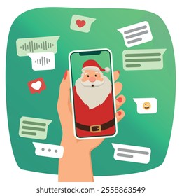 A hand showing a mobile phone with incoming video call from Santa Claus in flat design style. Christmas and social network concept.	