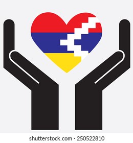 Hand showing Nagorno-Karabakh flag in a heart shape. Vector illustration. 