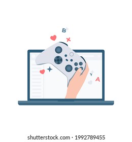 Hand Showing new game controller in website internet concept illustration, gaming concept flat illustration, hand held up joystick out from laptop in isolated white background
