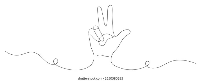 Hand showing number eight or three gesture. One line vector drawing in minimalist style. Finger count symbol. Editable stroke. Simple contour hand sketch illustration.