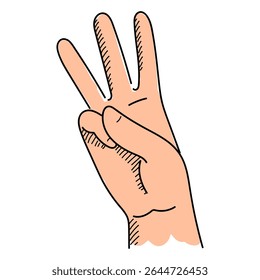 Hand showing number three vector isolated. Hand-drawn illustration of human palm of hand. Fingers showing 3. Learning numbers, concept of education.