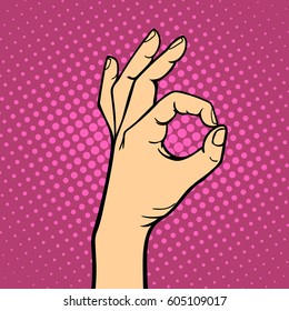 Hand showing ok deaf-mute gesture human arm hold communication and direction design fist touch pop art style colorful vector illusstration.