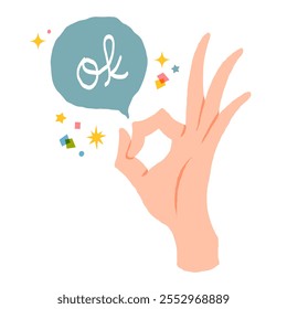 
Hand showing OK gesture, accepting, approving, agreeing to smth. Okay fingers sign icon. Good great positive signal of satisfaction. Colored flat vector illustration isolated on white background