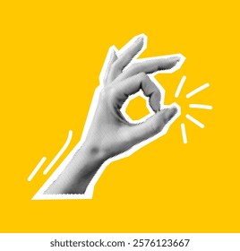 Hand showing OK gesture halftone collage vector illustration. Conveying approval precision and satisfaction in body language on yellow background