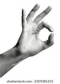 hand showing ok gesture sign isolated on white background retro halftone collage element for mixed media design grunge punk pop art vintage magazine style