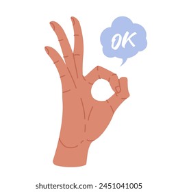 Hand showing OK. Okay fingers gesture. All right symbol. Approving sign with bubble speech