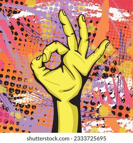 Hand showing Ok sight, fingers in comics pop art style. Hand-drawn vector art illustration.