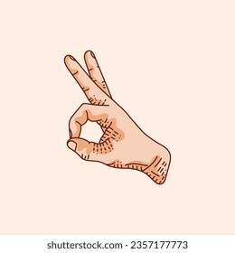 Hand showing OK sign. Human hand gesture. Vector illustration on an isolated brown background.