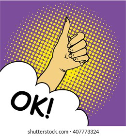 Hand showing OK sign, vector illustration in pop art retro comic style with speech cloud
