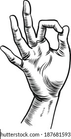 Hand showing okay sign. Ink black and white vector drawing