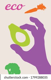 Hand showing okey gesture and vegetables. Simple cartoon modern vector illustration for web and print with avocado. Variety of modern hand-drawn hand. Isolated Trendy hand icons. 
