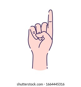 Hand showing one count line icon. Pointing hand. Make the index finger up gesture. Pictogram for web page, mobile app, promo. UI UX GUI design element. Editable stroke.