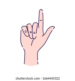 Hand, die ein Zeigersymbol zeigt. Mach den Zeigefinger mit der Geste. Piktogramm für Webseiten, mobile App, Promo. UI UX GUI Design Element. Bearbeitbarer Strich.
