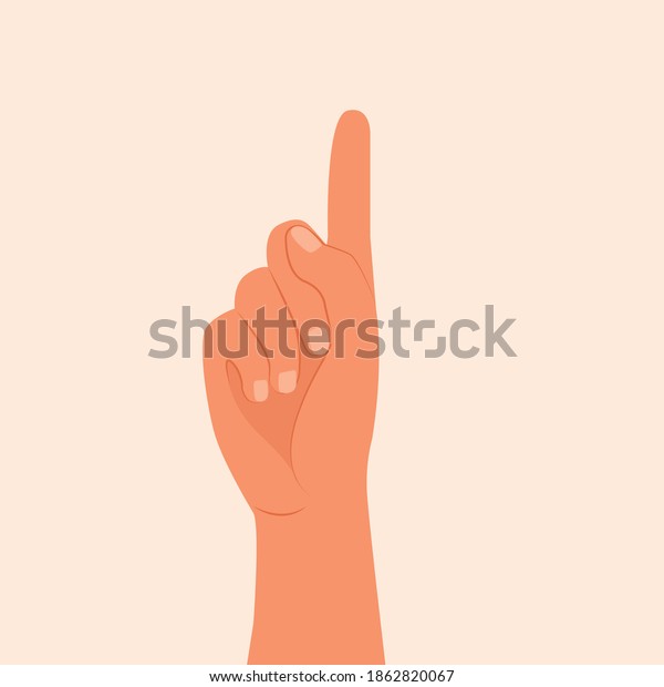 Hand showing one finger vector illustration. Shows\
the number one with the finger of the hand. Woman or man hand\
isolated white background. Fingers raised up. inside of the hand,\
flat modern design