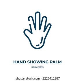 Hand showing palm icon. Linear vector illustration from body parts collection. Outline hand showing palm icon vector. Thin line symbol for use on web and mobile apps, logo, print media.