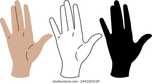 Hand showing palm. Vector image in color, black outline, silhouette.