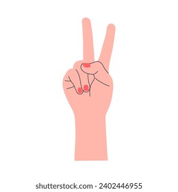 Hand showing peace gesture. Cute flat symbol. Vector illustration isolated on white background. 