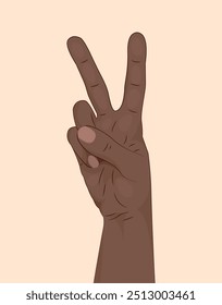 Hand showing a "peace" gesture. Cute flat symbol. Two fingers up. Vector illustration isolated.