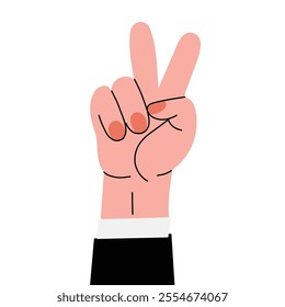 Hand showing the peace gesture, symbolizing harmony and nonviolence. Minimalistic design with clean lines. Vector illustration with white isolated background.