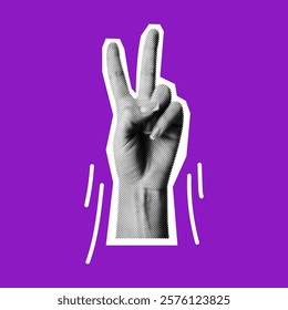 Hand showing Peace sign halftone collage vector illustration. Peace protest and activism in striking visual style on vibrant purple background