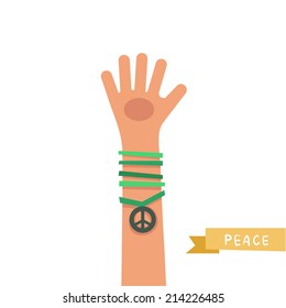 A hand up showing Peace sign. A hand with Peace icon and colorful friendship bracelets. Colorful vector illustration in flat style isolated on white 