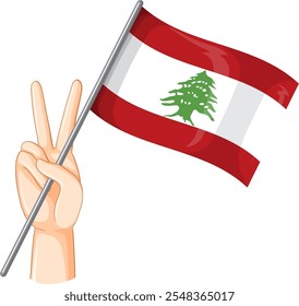 Hand showing peace sign with Lebanese flag