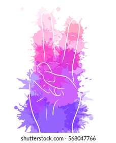 Hand showing peace with watercolor splashes. Vector element for printing on T-shirts, covers, postcards and your creativity