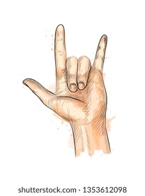 Hand showing Rock gesture from a splash of watercolor, hand drawn sketch. Vector illustration of paints
