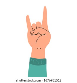A hand up showing rock sign. Cartoon vector flat illustration isolated on white background.