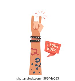 A Hand Up Showing Rock Sign. A Hand With Tattoos And Leather Bracelet. I Love Rock Ribbon. Colorful Vector Illustration In Flat Style Isolated On White