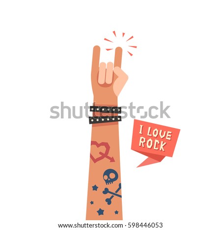 A hand up showing Rock sign. A hand with tattoos and leather bracelet. I love Rock ribbon. Colorful vector illustration in flat style isolated on white