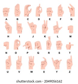 Hand showing sign language alphabet vector illustration set. Gestures for disabled or deaf people, fingers showing letters of alphabet isolated on white background. Communication, education concept