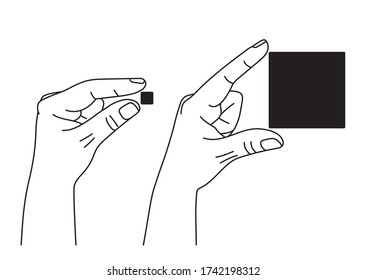 Hand showing size between fingers from big to small. Two hands comparing size between index and thumb fingers. Gesture showing measuring in sign language. Vector illustration in outline style. 