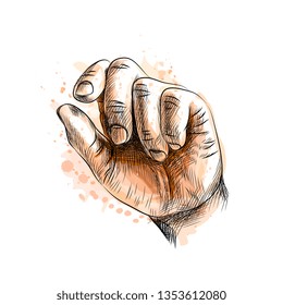 Hand showing size gesture from a splash of watercolor, hand drawn sketch. Vector illustration of paints