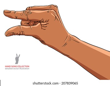 Hand showing small value, or use it to put some small object between the fingers, African ethnicity detailed illustration.