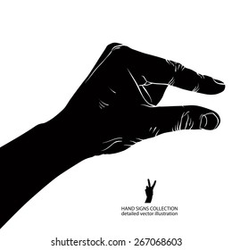 Hand Showing Small Value, Or Use It To Put Some Small Object Between The Fingers, Detailed Black And White Vector Illustration.