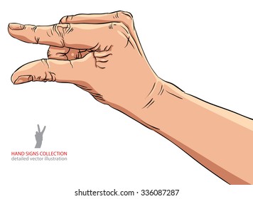 Hand showing small value, or use it to put some small object between the fingers, detailed vector illustration.