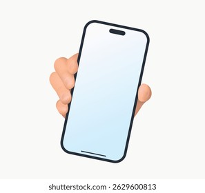Mano que muestra el smartphone con la pantalla en blanco aislada en el fondo blanco. Ilustración vectorial sombreada realista