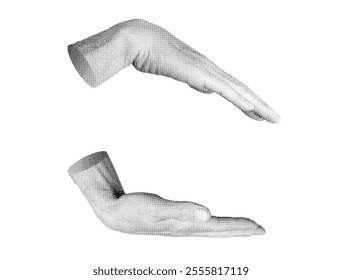 Hand showing something between two hands, palms, care gesture, isolated on white background. Halftone dotted retro style vector