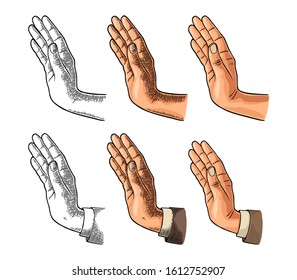 Hand Showing Stop Gesture In Sleeve Suit And Without. Vector Color Vintage Engraving And Flat Illustration Isolated On A White Background. For Web, Poster, Info Graphic.